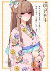 Rule 34 | 1girl, artist name, azur lane, bow, brown hair, closed mouth, dated, floral background, floral print, gold tassel, hair bow, highres, japanese clothes, kimono, long hair, mole, mole under eye, p.i.t.d, pink bow, pink eyes, pink kimono, smile, solo, swiftsure (azur lane), translation request