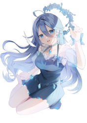 Rule 34 | 1girl, ahoge, arm up, bad id, bad pixiv id, bare shoulders, barefoot, blue dress, blue eyes, blue hair, collarbone, commentary request, copyright request, detached sleeves, dress, full body, hair between eyes, highres, kogiko (shironowa01), long hair, looking at viewer, open mouth, puffy short sleeves, puffy sleeves, see-through, see-through sleeves, short sleeves, simple background, sleeveless, sleeveless dress, solo, teeth, upper teeth only, very long hair, virtual youtuber, white background
