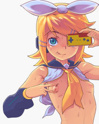 Rule 34 | 1girl, :p, bad id, bad pixiv id, bare shoulders, blonde hair, blue eyes, bottomless, bow, breasts, controller, covering one eye, detached sleeves, famicom, game console, game controller, gamepad, hair bow, hair ornament, hairclip, highres, inverted nipples, kagamine rin, looking at viewer, metata, necktie, nipples, no bra, open clothes, short hair, simple background, small breasts, solo, spread nipple, sweat, tongue, tongue out, upper body, vocaloid