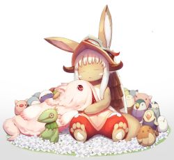 Rule 34 | 1girl, :&lt;, animal ears, closed eyes, creature, ears through headwear, facing viewer, flower, furry, gradient background, helmet, horns, long hair, made in abyss, mitty (made in abyss), munuu, nanachi (made in abyss), pants, rabbit ears, sidelocks, sitting, stuffed animal, stuffed bird, stuffed toy, tail, whiskers, white background, white hair
