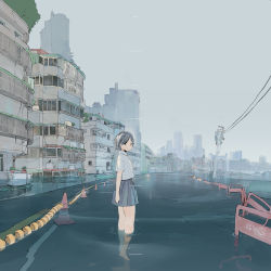 Rule 34 | 1girl, barefoot, black hair, building, chinese commentary, city, cityscape, commentary request, flood, grey skirt, highres, looking at viewer, original, outdoors, power lines, pump (pumpqmuq), road, scenery, school uniform, shirt, short hair, short sleeves, skirt, solo, standing, street, traffic cone, utility pole, wading, water, white shirt, wide shot