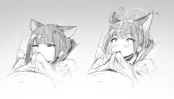 Rule 34 | ..., 1boy, 1girl, anger vein, animal ears, blue archive, bulge, cat ears, commentary request, erection, erection under clothes, greyscale, hair ornament, hairclip, half-closed eyes, halo, heart, hetero, highres, kazusa (blue archive), lower teeth only, monochrome, negiuma, open mouth, sketch, smelling, smelling penis, speech bubble, spoken ellipsis, teeth, wide-eyed