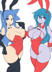 Rule 34 | 2girls, animal ears, blue eyes, blue hair, blue skin, blush, breasts, cleavage, colored skin, covered navel, cowboy shot, curvy, elbow gloves, expressionless, fake animal ears, gloves, hand on own hip, highleg, highleg leotard, highres, large breasts, leotard, long hair, lucy (lucyfer), lucyfer, multiple girls, nelly (nthonyzer0), original, playboy bunny, rabbit ears, red eyes, red leotard, simple background, standing, thighhighs, thighs, thong leotard, very long hair, white background, wide hips
