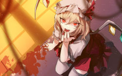 Rule 34 | 1girl, blonde hair, blood, blood in mouth, blood on hands, crystal, eredhen, fang, flandre scarlet, from above, hat, hat ribbon, kneeling, light particles, looking at viewer, mob cap, nail polish, open mouth, puffy sleeves, red eyes, ribbon, shirt, short sleeves, side ponytail, skirt, skirt set, smile, solo, thighhighs, touhou, vest, white thighhighs, wings, zettai ryouiki