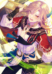 Rule 34 | 1boy, blonde hair, cape, commentary request, compression shirt, earrings, feather hair ornament, feathers, genshin impact, gold earrings, gold necklace, hair ornament, hand on own hip, highres, holding, holding suitcase, jewelry, kaveh (genshin impact), long hair, long sleeves, looking at viewer, male focus, mandarin collar, mirurukka, necklace, open mouth, orange eyes, puffy long sleeves, puffy sleeves, red cape, smile, solo, suitcase