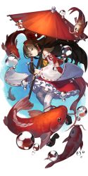 Rule 34 | 1girl, absurdres, bad id, bad pixiv id, blue background, bow, brown eyes, brown hair, bubble, commentary request, detached sleeves, fish, frilled skirt, frilled sleeves, frills, full body, hair bow, hair tubes, hakurei reimu, highres, holding, holding umbrella, koi, lim jaejin, long hair, looking at viewer, oil-paper umbrella, platform footwear, red bow, red shirt, red skirt, red umbrella, ribbon-trimmed sleeves, ribbon trim, sandals, shirt, skirt, smile, solo, thighhighs, touhou, umbrella, very long hair, white thighhighs, wide sleeves