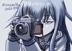 Rule 34 | 1girl, black sailor collar, camera, commentary request, dated, grey background, grey hair, hibiki (kancolle), highres, kantai collection, kozzy.ta, long hair, one-hour drawing challenge, sailor collar, simple background, solo, taking picture, twitter username, upper body, verniy (kancolle)