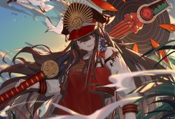 Rule 34 | 1girl, arm at side, artist name, bird, blue sky, blurry, bright pupils, brown hair, clothes writing, cloud, cropped jacket, day, depth of field, fate/grand order, fate (series), floating hair, guitar, hair between eyes, hat, headphones, headphones around neck, instrument, jacket, lanzi (415460661), long hair, long sleeves, looking at viewer, oda nobunaga (fate), oda nobunaga (koha-ace), oda nobunaga (swimsuit berserker) (fate), oda nobunaga (swimsuit berserker) (first ascension) (fate), outdoors, over shoulder, oversized object, parted lips, peaked cap, red eyes, red hat, red jacket, red shirt, shirt, sidelocks, sky, smile, unzipped, upper body, very long hair, wind