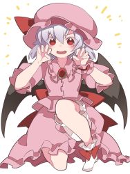 Rule 34 | 1girl, bat wings, blush, brooch, claw pose, dress, fang, hammer (sunset beach), hat, highres, jewelry, looking at viewer, mob cap, open mouth, pink dress, puffy short sleeves, puffy sleeves, red eyes, remilia scarlet, short hair, short sleeves, skirt, skirt set, socks, solo, touhou, wings, wrist cuffs