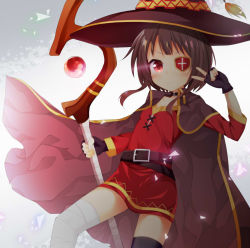 Rule 34 | 10s, 1girl, bandages, belt, black hair, black thighhighs, blush, cape, collar, commentary request, dress, fingerless gloves, gloves, glowing, glowing eye, hat, kono subarashii sekai ni shukufuku wo!, looking at viewer, maccha, megumin, red dress, red eyes, short hair, single thighhigh, solo, staff, thighhighs, v, witch hat