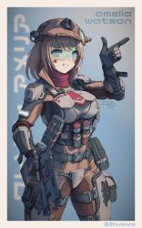 Rule 34 | 1girl, :d, absurdres, belt, blonde hair, blue eyes, breasts, character name, dated, facial mark, goggles, grapple pilot (titanfall 2), gun, hand gesture, handgun, helmet, highres, hololive, hololive english, holster, magazine (weapon), medium breasts, medium hair, military, military operator, necktie, open mouth, pilot (titanfall 2), pouch, red necktie, signature, smile, solo, thigh strap, titanfall, titanfall (series), virtual youtuber, watson amelia, weapon, zhvo