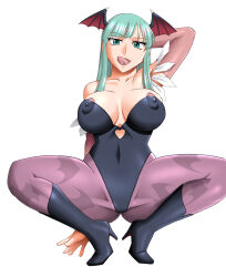 Rule 34 | 1girl, animal print, armpits, arms behind head, bad source, bare shoulders, bat print, bridal gauntlets, capcom, clothing cutout, come hither, covered erect nipples, covered navel, demon girl, fur-trimmed leotard, fur trim, green eyes, hand up, head wings, heart cutout, hime cut, leotard, licking lips, long hair, looking at viewer, mokkouyou bond, morrigan aensland, naughty face, pantyhose, print pantyhose, purple pantyhose, smile, spread legs, squatting, tongue, tongue out, wings
