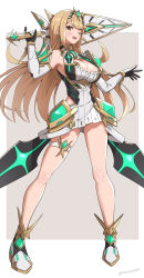 Rule 34 | 1girl, blonde hair, breasts, chest jewel, cleavage cutout, clothing cutout, gem, gloves, gonzarez, highres, large breasts, legs, long hair, miniskirt, mythra (xenoblade), one eye closed, skirt, swept bangs, sword, thigh strap, weapon, xenoblade chronicles (series), xenoblade chronicles 2, yellow eyes