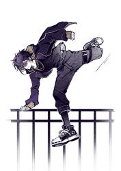 Rule 34 | 1boy, black nails, black pants, chain, chain necklace, esse shoto ovo, gold chain, gold necklace, highres, hood, hooded jacket, indie virtual youtuber, jacket, jewelry, long sleeves, looking at viewer, male focus, necklace, pants, purple eyes, purple hair, purple jacket, shoes, short hair, shoto (vtuber), sneakers, sword earrings, virtual youtuber