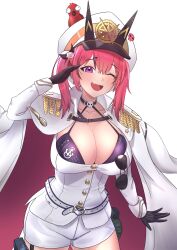 Rule 34 | 1girl, :d, bikini, bikini under clothes, bird, black bikini, black gloves, black hair, breasts, cleavage, coat, eyewear hang, fang, gloves, goddess of victory: nikke, hair ornament, hat, highres, large breasts, light blush, mast (nikke), military hat, morgan (nikke), multicolored hair, nyang1, one eye closed, open mouth, parrot, peaked cap, pink hair, pouch, purple eyes, red coat, salute, short twintails, shorts, simple background, skin fang, skull choker, skull collar, skull hair ornament, smile, solo, streaked hair, sunglasses, swimsuit, thigh pouch, twintails, two-sided coat, two-sided fabric, unworn eyewear, white background, white coat, white shorts
