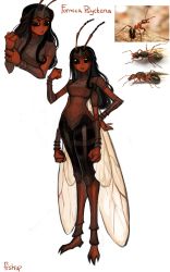 Rule 34 | 1girl, absurdres, ant girl, antennae, armor, arthropod girl, black eyes, black hair, commission, dark-skinned female, dark skin, extra arms, fewer digits, hand up, highres, long hair, looking at viewer, matilda fiship, monster girl, multiple views, original, parted lips, simple background, solo, white background, wings