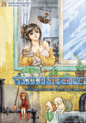 Rule 34 | 2girls, air conditioner, artist name, bare shoulders, blue eyes, breasts, brown hair, cat, cleavage, commentary request, flower pot, highres, korean commentary, large breasts, looking outside, looking up, mini person, minigirl, multiple girls, noh seong-min, original, rain, smoking pipe, snail, upper body, window