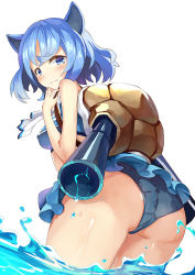 Rule 34 | 1girl, animal ears, ass, blastoise, blue eyes, blue hair, blush, cannon, creatures (company), frilled skirt, frills, from behind, game freak, gen 1 pokemon, looking at viewer, matching hair/eyes, nintendo, partially submerged, personification, pokemon, sakaraubito, short hair, skirt, solo, standing, wading, water