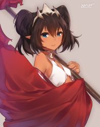 Rule 34 | 1girl, bikini, bikini top only, black hair, blue eyes, blush, dark-skinned female, dark skin, flag, flat chest, from side, grey background, hair between eyes, highres, holding, jewelry, looking at viewer, midriff, nadia (sennen sensou aigis), neck ring, official art, over shoulder, parted lips, pointy ears, sennen sensou aigis, short hair, short twintails, simple background, smile, solo, swimsuit, tiara, twintails, upper body, waifu2x, yaman (yamanta lov)