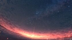 Rule 34 | chinese commentary, cloud, commentary request, highres, horizon, lens flare, light particles, mountainous horizon, night, night sky, no humans, original, outdoors, rune xiao, scenery, signature, sky, star (sky), starry sky, still life, sunset