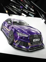Rule 34 | absurdres, art tools in frame, audi, audi a6, audi rs6, car, colored pencil (medium), commentary, english commentary, highres, license plate, marker (medium), modifiedartworks, motor vehicle, no humans, original, photo (medium), purple car, shadow, traditional media, vehicle focus, white background