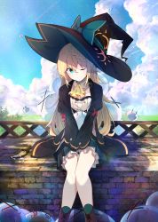 Rule 34 | 1girl, ;), @ @, aizawa azusa, benio (dontsugel), blonde hair, blue eyes, blue sky, boots, braid, brick, cloud, cloudy sky, commentary, cover, cover page, dagger, day, detached collar, eyebrows, french braid, hair between eyes, hair ornament, hat, hug, knees together feet apart, knife, large hat, long hair, long sleeves, nmaaaaa, novel cover, hugging object, one eye closed, own hands together, puffy long sleeves, puffy sleeves, red ribbon, ribbon, sitting, skirt, sky, slime (creature), slime taoshite 300 nen shiranai uchi ni level max ni nattemashita, smile, solo, v arms, weapon, witch, witch hat, | |