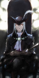 Rule 34 | 1girl, absurdres, bloodborne, brown gloves, chair, closed mouth, ascot, gloves, grey hair, hat, hat feather, highres, holding, holding sword, holding weapon, lady maria of the astral clocktower, crossed legs, looking at viewer, murasaki saki, sitting, smile, solo, sword, the old hunters, tricorne, weapon, white legwear, yellow eyes