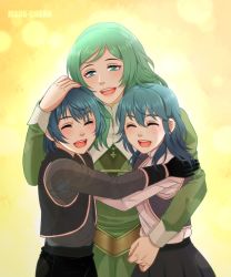 Rule 34 | 1boy, 2girls, aged down, alternate costume, artist name, blue hair, brother and sister, byleth (female) (fire emblem), byleth (fire emblem), byleth (male) (fire emblem), closed eyes, fire emblem, fire emblem: three houses, green eyes, green hair, group hug, hug, long hair, manu-chann, matching hair/eyes, mother and daughter, mother and son, multiple girls, nintendo, open mouth, pants, short hair, short sleeves, siblings, simple background, sitri (fire emblem), skirt, yellow background