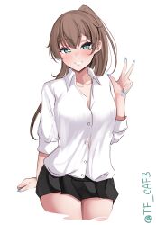 Rule 34 | 1girl, blue eyes, blush, breasts, brown hair, collarbone, hair ornament, high ponytail, highres, kantai collection, kumano (kancolle), long hair, long sleeves, looking at viewer, open mouth, ponytail, school uniform, shirt, simple background, sitting, skirt, small breasts, smile, solo, tf cafe, twitter username, w, white background