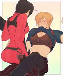 Rule 34 | 2400db, 2girls, abs, ada wong, black bra, black hair, black pants, blonde hair, blue shirt, blush, bra, chest harness, clothes in mouth, clothes lift, commentary, earrings, flying sweatdrops, genderswap, genderswap (mtf), grey eyes, gun, handgun, harness, hashtag only commentary, heart, highres, jewelry, leon s. kennedy, long sleeves, multiple girls, muscular, muscular female, pants, red sweater, resident evil, resident evil 4, shirt, shirt lift, short hair, short sleeves, sports bra, spread legs, sweater, underwear, weapon, yuri