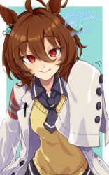 Rule 34 | 1girl, agnes tachyon (umamusume), ahoge, animal ears, aqua background, black necktie, black shirt, border, brown hair, chemical structure, collared shirt, dated, earrings, happy birthday, highres, horse ears, horse girl, jewelry, lab coat, looking at viewer, necktie, red eyes, shirt, short hair, short necktie, simple background, single earring, sleeves past fingers, sleeves past wrists, smile, solo, sweater vest, twitter username, umamusume, uxxxjf, white border, yellow sweater vest