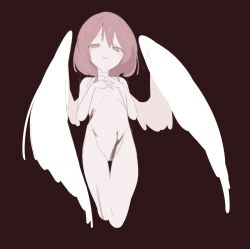 Rule 34 | 1girl, 4410 (kanimiso), angel wings, blood, blood on body, completely nude, cropped legs, dark background, hand on own chest, happy saint sheol, highres, horizontal pupils, light blush, looking down, maya elbeth, nude, orange hair, own hands together, smile, solo, wings