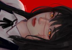 Rule 34 | 1girl, artist name, black hair, black ribbon, chainsaw man, collared shirt, cross scar, dress, expressionless, eyeliner, facial scar, fourth east high school uniform, highres, long hair, looking at viewer, makeup, pinafore dress, portrait, red background, red lips, ribbon, ringed eyes, scar, scar on cheek, scar on face, school uniform, shirt, silphori, simple background, sleeveless, sleeveless dress, solo, white shirt, yellow eyes, yoru (chainsaw man)