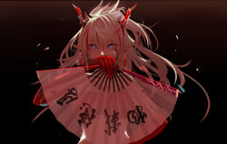 Rule 34 | 1girl, arknights, black background, chinese text, earrings, gradient background, hand fan, horns, hzw3, jewelry, long hair, looking at viewer, multicolored hair, nian (arknights), pointy ears, ponytail, purple eyes, solo, streaked hair, tube, white hair