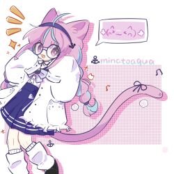 Rule 34 | 1girl, :3, ahoge, animal ears, black footwear, black ribbon, blue hair, blue hairband, blue ribbon, blue skirt, braid, cat ears, cat girl, cat tail, coat, commentary request, food, frilled coat, frills, glasses, hairband, highres, hololive, kamaboko, kaomoji, long hair, long sleeves, minato aqua, minato aqua (sailor), multicolored hair, narutomaki, neck ribbon, no nose, notice lines, open clothes, open coat, open mouth, pink eyes, pink hair, pleated skirt, pocket, ribbon, romaji commentary, round eyewear, shirt, skirt, sleeves past fingers, sleeves past wrists, socks, solo, sparkle, tail, tail ornament, tail ribbon, tukiliii, twin braids, virtual youtuber, white coat, white shirt, white socks