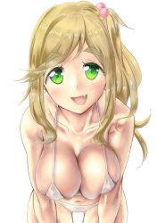 Rule 34 | 1girl, :d, bent over, bikini, blush, breasts, cleavage, collarbone, eyebrows, fang, green eyes, inuyama aoi, large breasts, leaning forward, looking at viewer, momo at ten, navel, open mouth, ponytail, smile, solo, swimsuit, thick eyebrows, white bikini, yurucamp