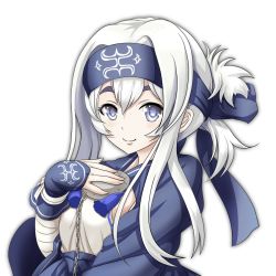Rule 34 | 10s, 1girl, ainu clothes, blue eyes, breasts, chain, hair between eyes, headphones, kamoi (kancolle), kantai collection, large breasts, long hair, long sleeves, simple background, smile, solo, thick eyebrows, tk8d32, white background, white hair