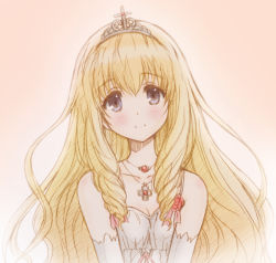 Rule 34 | 10s, 1girl, amagi brilliant park, bare shoulders, blonde hair, blue eyes, bluez, blush, breasts, cleavage, collarbone, dress, drill hair, elbow gloves, gloves, head tilt, jewelry, latifa fleuranza, long hair, looking at viewer, necklace, pink background, sketch, small breasts, smile, solo, tareme, tiara, twin drills, upper body, white dress, white gloves