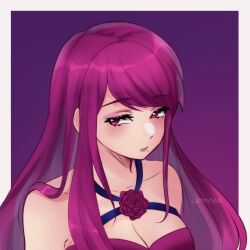Rule 34 | 1girl, alternate costume, artist name, bare shoulders, breasts, cleavage, closed mouth, criss-cross halter, expressionless, female focus, fire emblem, fire emblem engage, flower, halterneck, highres, ivy (fire emblem), long hair, looking at viewer, matching hair/eyes, medium breasts, mole, mole under mouth, nintendo, purple eyes, purple hair, rose, solo, upper body, very long hair, zinnia-art