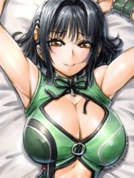 Rule 34 | 1girl, :&gt;, amania orz, arm up, armpits, bare shoulders, bed, black hair, blush, breasts, cleavage, cleavage cutout, clothing cutout, hair ornament, katia grineal, large breasts, looking at viewer, lying, on back, short hair, smile, solo, super robot wars, super robot wars judgement, super robot wars og moon dwellers, super robot wars original generation, yellow eyes