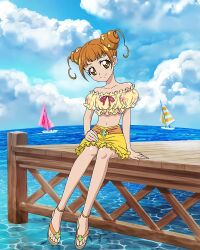 Rule 34 | 1girl, beach, brown eyes, brown hair, crop top, dokidoki! precure, drill hair, highres, midriff, official art, precure, precure connection puzzlun, sandals, sitting, skirt, smile, solo, third-party source, twin drills, yellow skirt, yotsuba alice