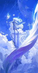Rule 34 | 1girl, absurdres, blue sky, blue theme, building, cloud, coat, commentary, english commentary, closed eyes, fantasy, floating hair, glitch, highres, jaggy lines, long hair, long sleeves, open mouth, original, outstretched arms, profile, ruins, scenery, sky, solo, standing, wushier