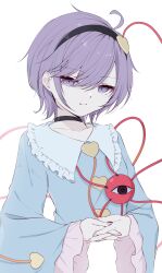 Rule 34 | 1girl, black choker, blue jacket, choker, expressionless, heart, highres, jacket, komeiji satori, long sleeves, looking at viewer, mizore arius, own hands together, purple eyes, purple hair, short hair, simple background, sleeves past wrists, solo, touhou, white background