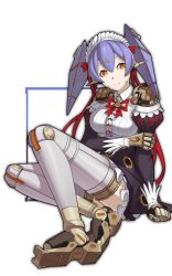 Rule 34 | 1girl, android, blush, breasts, joints, long hair, looking at viewer, maid headdress, medium breasts, nintendo, open mouth, orange eyes, poppi (xenoblade), poppi qt (xenoblade), purple hair, ribbon, robot joints, short hair, simple background, smile, spoilers, twintails, xenoblade chronicles (series), xenoblade chronicles 2, zu-m (zumcunix)