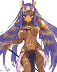 Rule 34 | 1girl, animal ears, arm up, bangle, blonde hair, blunt bangs, bracelet, bracer, breasts, breasts apart, closed mouth, cowboy shot, dark-skinned female, dark skin, earrings, egyptian clothes, facepaint, fate/grand order, fate (series), hair between eyes, hand in own hair, highres, holding, holding staff, hoop earrings, jewelry, large breasts, loincloth, long hair, looking back, multicolored hair, navel, nitocris (fate), nitocris (third ascension) (fate), nuqura, pasties, purple eyes, purple hair, rabbit ears, see-through, sidelocks, simple background, sketch, smile, solo, staff, standing, stomach, straight hair, thigh strap, tsurime, two-tone hair, very long hair, waist cape, white background