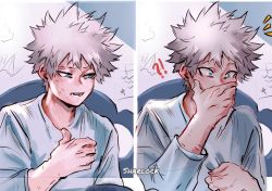 Rule 34 | !?, 1boy, artist name, blue eyes, blue shirt, boku no hero academia, covering own mouth, hand over own mouth, highres, male focus, parted lips, sharl0ck, shirt, spiked hair, todoroki touya, upper body, white hair