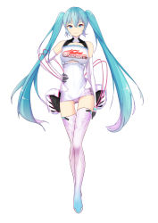 Rule 34 | 1girl, absurdres, aqua eyes, aqua hair, boots, breasts, elbow gloves, full body, gloves, goodsmile company, goodsmile racing, hand on own hip, hatsune miku, highres, leotard, long hair, medium breasts, race queen, racing miku, racing miku (2014), simple background, smile, solo, thigh boots, thigh gap, thighhighs, twintails, very long hair, vocaloid, white background, white footwear, white thighhighs, zuiai gongzhu dianxia