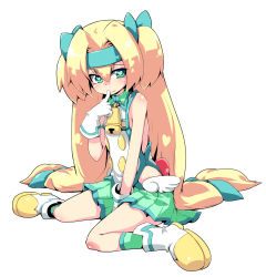 Rule 34 | 1girl, arc system works, bell, blazblue, blazblue: continuum shift, blonde hair, boots, bow, full body, gloves, green eyes, hair bow, hairband, heart, heart-shaped pupils, highres, kaname nagi, long hair, low-tied long hair, platinum the trinity, quad tails, sitting, skirt, smile, solo, symbol-shaped pupils, two side up, wariza, white background, white gloves, wings