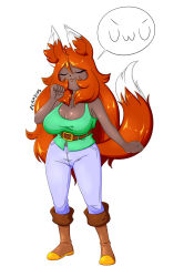Rule 34 | 1girl, ahoge, animal ears, belt, boots, breasts, cleavage, clenched hands, collarbone, dark-skinned female, dark skin, closed eyes, fangs, female focus, fox ears, fox tail, full body, green tank top, highres, lipstick, makeup, orange hair, outstretched arm, pants, smile, solo, speech bubble, standing, tail, tank top, terraria, uwu, white background, white pants, zeradias, zoologist (terraria)