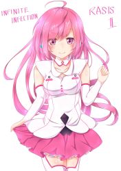 Rule 34 | 1girl, ahoge, blush, breasts, character name, collar, detached collar, detached sleeves, elbow gloves, ex takehito, gloves, headset, highres, large breasts, long hair, pink eyes, pink hair, pink skirt, rasis, skirt, sound voltex, sound voltex ii infinite infection, thighhighs, white collar, white thighhighs